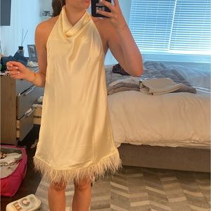 FEATHER HALTER SATIN CHARMEUSE MINI DRESS - tag on never before worn